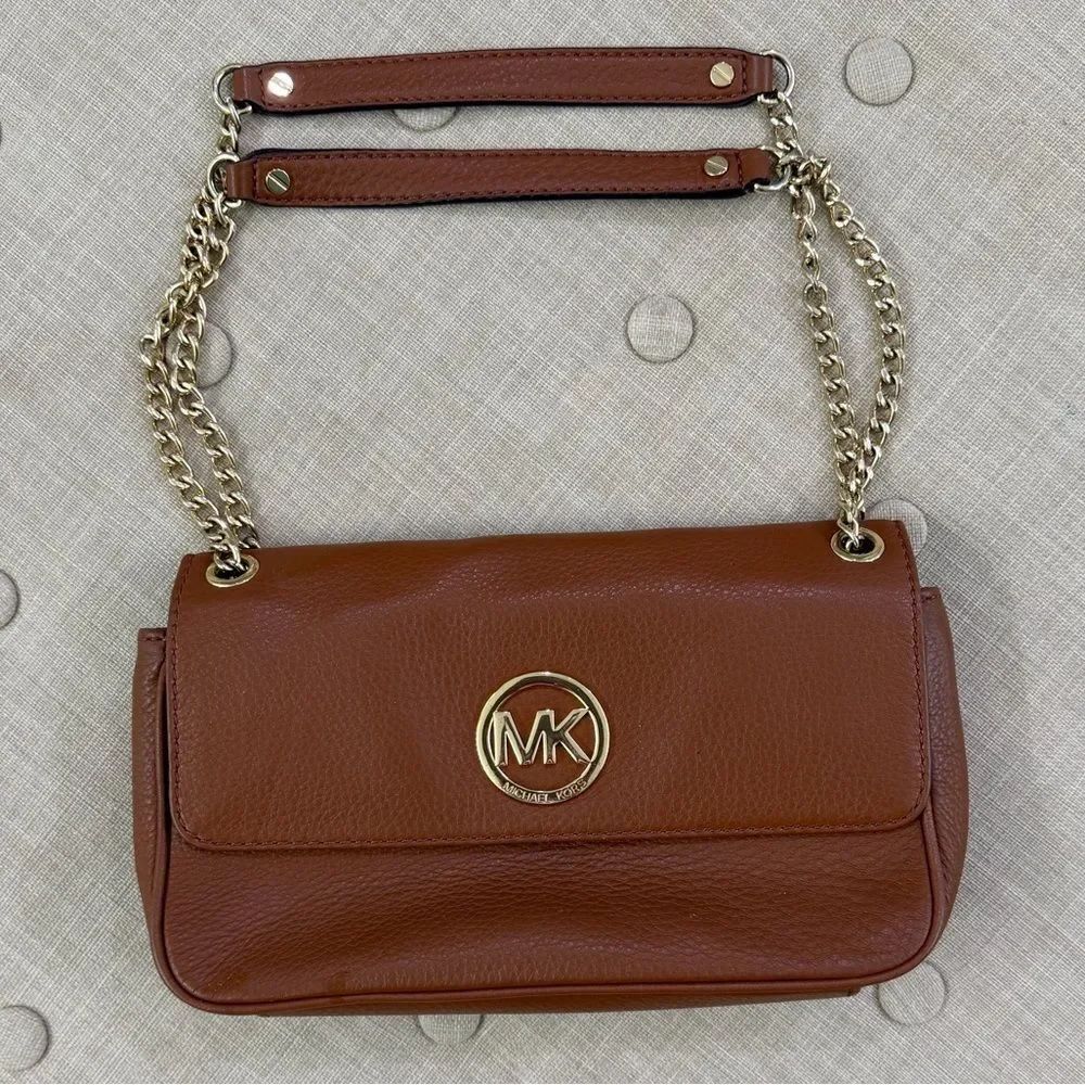Michael Kors Cognac Pebbled Leather Shoulder Bag with Gold Chain